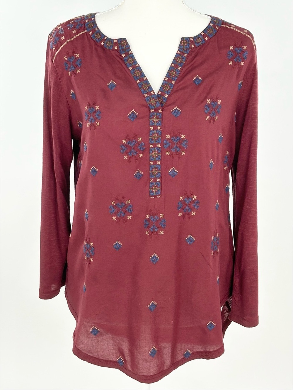 Bob Timberlake Boho Embroidered Burgundy Rayon Tunic Top Medium